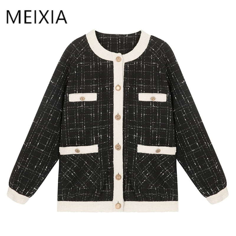 

MEIXIA Autumn Winter Women Casual Plaid Coat Knitted Button Polyester Single Breasted Wide-waisted Office Lady Pockets Top Coat