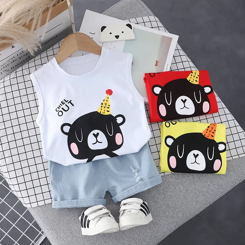 

New Summer Children Casual Clothes Baby Boys Sleeveless Vest Denim Shorts 2Pcs/Sets Kids Infant Fashion Outfit Toddler Tracksuit