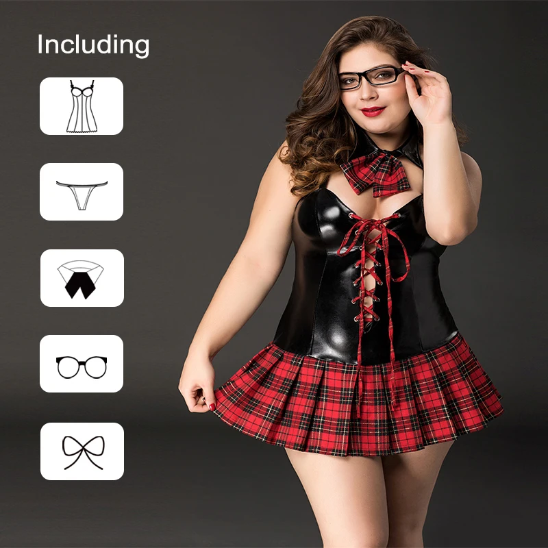 2020 plus size women cosplay sexy cutout tights role costumes hot pu leather lingerie disfraces outfit plaid skirt |