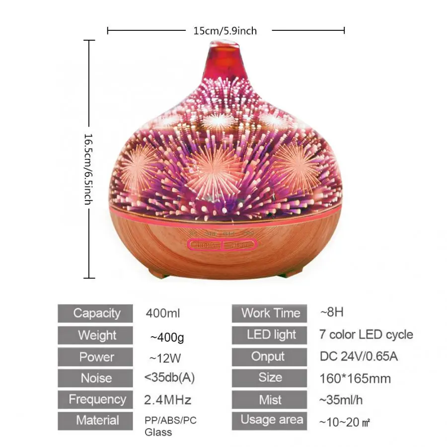 

3D Firework Air Humidifier 400ml Ultrasonic Aroma Essential Oil Diffuser Home Aromatherapy Mist Maker with 7 Color LED Light