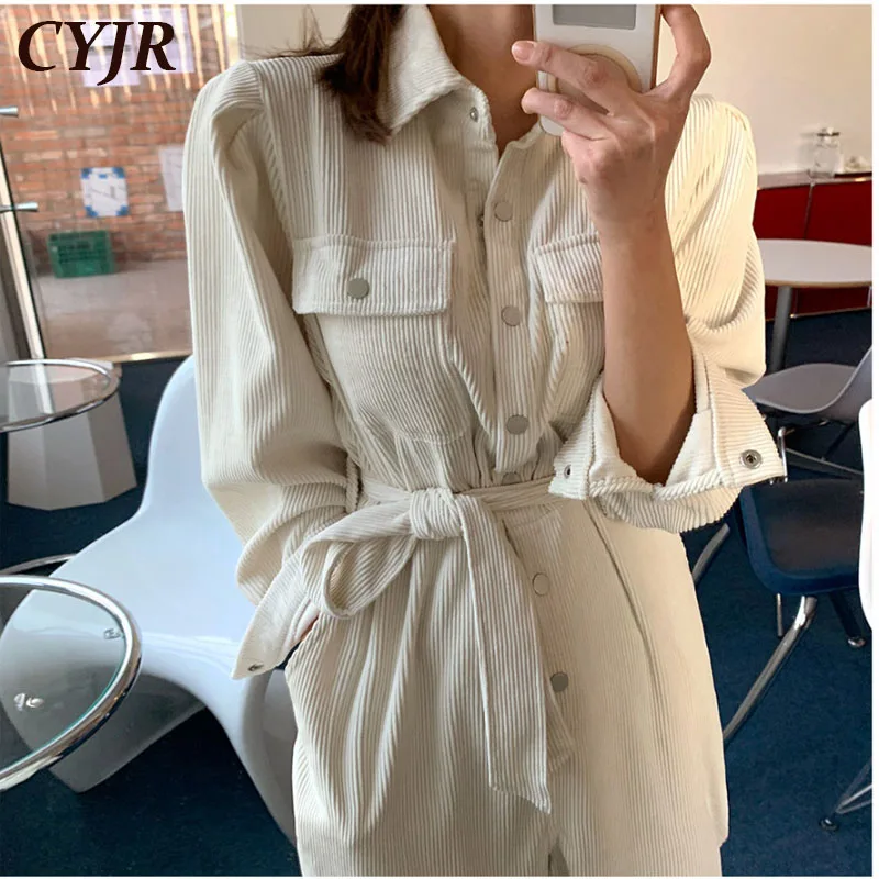 

2021 New Autumn Long Sleeve Lapel Women Casual Jumpsuits High Waist Corduroy Rompers Overalls Solid Office Lady