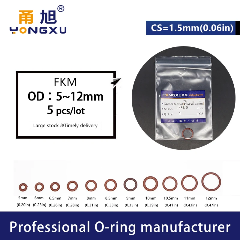 15 шт./лот коричневые FKM флюоровые резиновые уплотнения CS1.5mm OD5/6/6.5/7/8/8.5/9/10/10.5/11/12*1 5