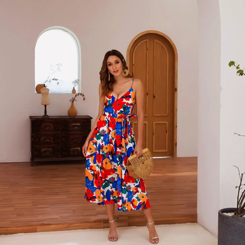 

Ladies V Neck Leaf Print Summer Dress Women Spaghetti Strap Casual Holiday Beach Dress