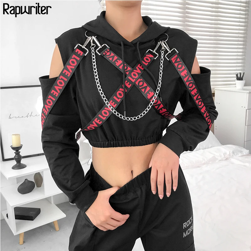 Rapwriter Casual Metal Chain Patchwork Letter Ribbon Long Sleeve Hoodies Women Fall Winter Black Harajuku Pullover Crop Top