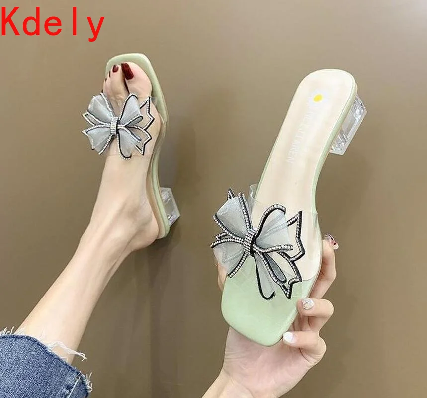 

Узлом-бабочкой шлёпанцы для женщин повседневная обувь с квадратным каблуком средней высоты; Шлепанцы без задника с открытыми пальцами; Мод...