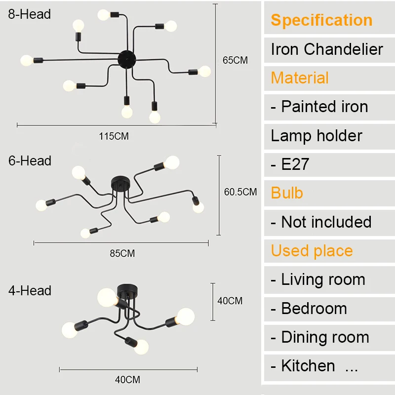 

Modern Led Chandeliers Lighting Vintage Iron Spider Lustres Industrial Black Chandelier Living room Bedroom Lampadario Modern