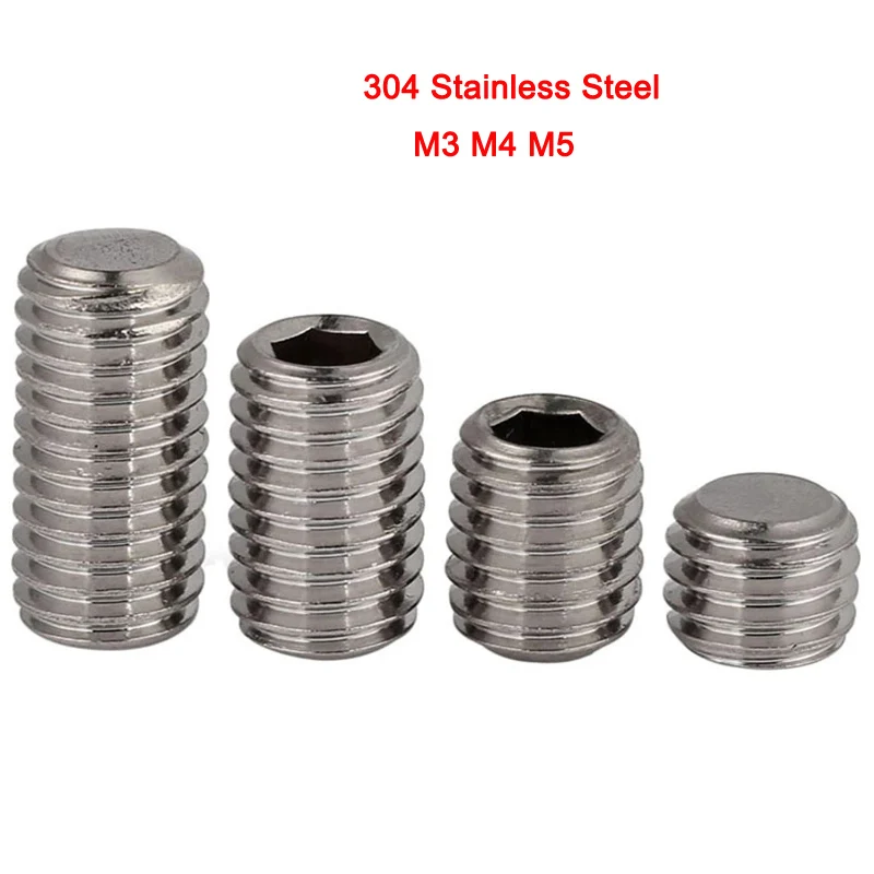 50Pcs 304 Stainless Steel Metric Headless Hex Socket Set Screws Thread Flat Point Grub Screws M3 M4 M5 Length 3-20mm