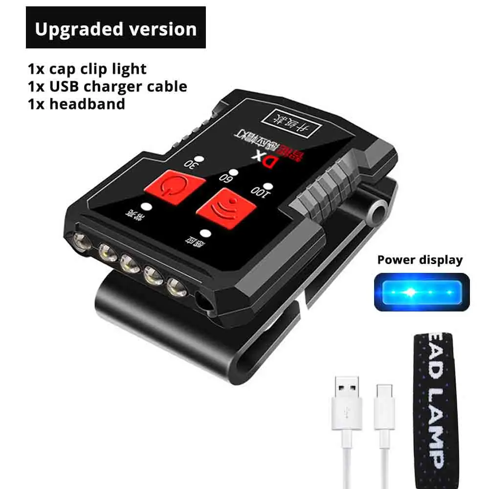 Upgraded version USB Перезаряжаемый светодиодный налобный фонарь, датчик жестов, колпачок с зажимом, водонепроницаемый материал, регулируемые фары, встроенный литиевый аккумулятор - Испускаемый цвет: Upgraded version