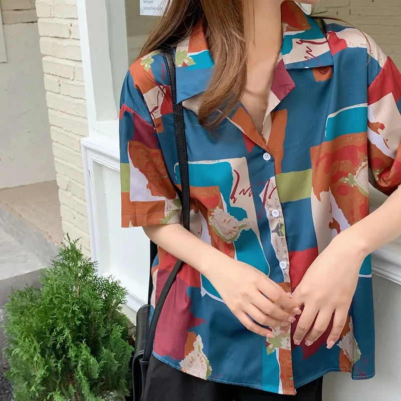 

ETOSELL Casual Blouse Ladies Girl Button Up Shirt Geometric Print Shirt Clothing Harajuku Clothes Top