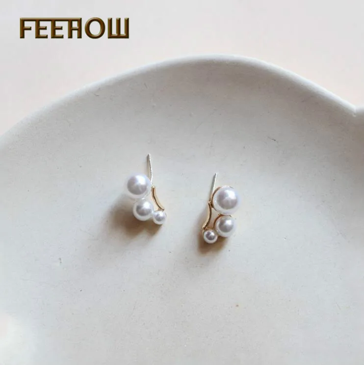 Женские серьги гвоздики FEEHOW элегантные круглые милые с имитацией жемчуга для