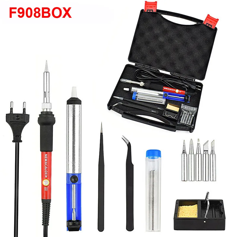 908 Soldering Iron Электрический паяльник NEWACALOX EU/US 60 Вт с регулируемой температурой, набор сварочных паяльных станций, ремонтный набор инструментов с коробкой для инструментов - Цвет: 908 Soldering Iron