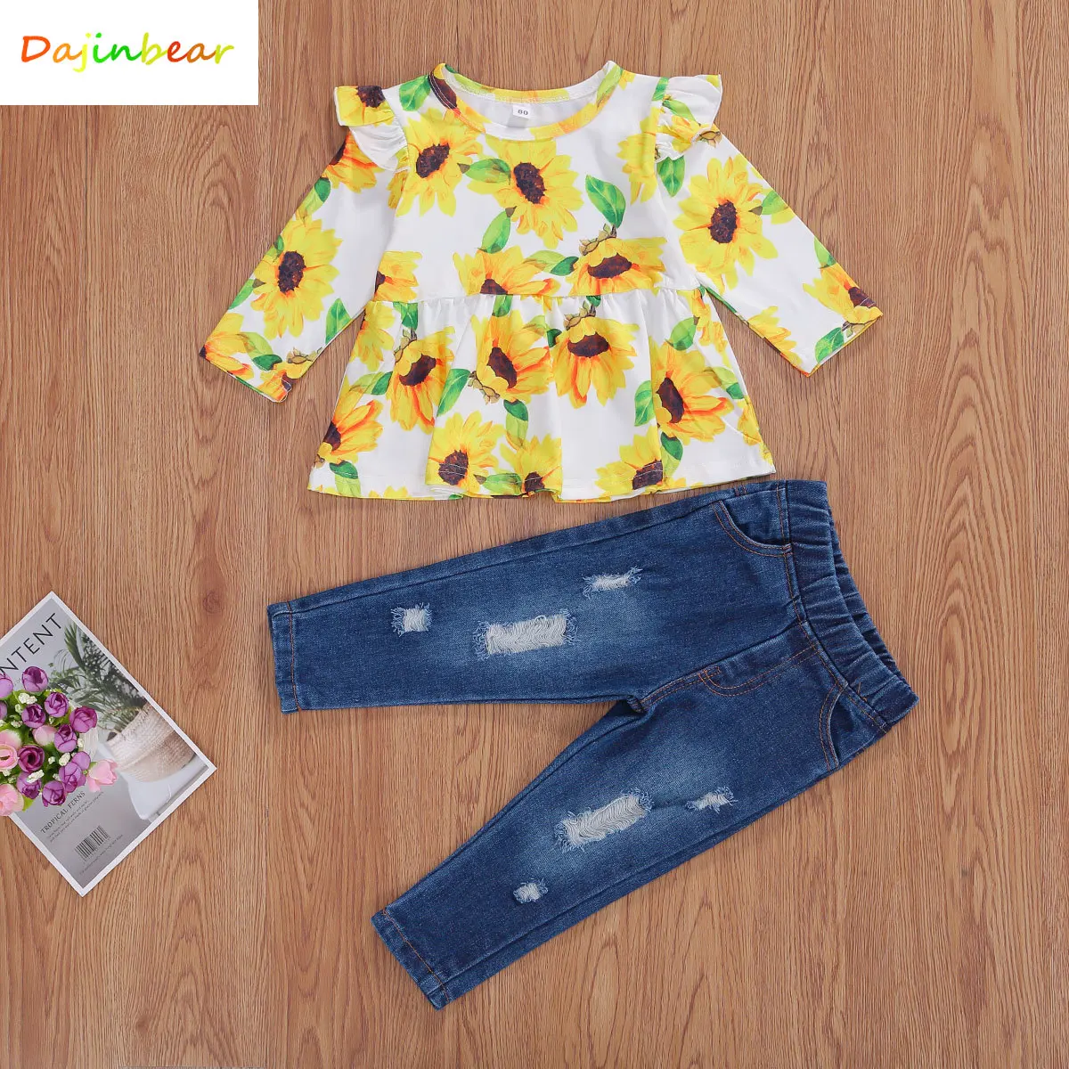 Футболка с оборками и длинным рукавом + рваные джинсовые брюки | Детская одежда