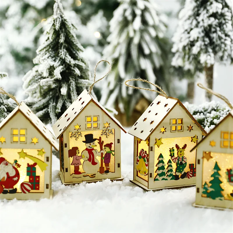 

Christmas Cabins Light Hanging Decoration Wooden Ornaments Santa Claus Elk Snowman Xmas Decorations Gift Home Decor