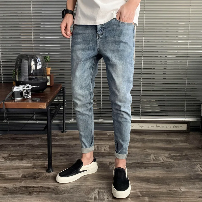 

Джинсы-Карандаш мужские в стиле ретро, однотонные брюки из денима, повседневные облегающие ковбойские штаны, W516, весна-осень 2021