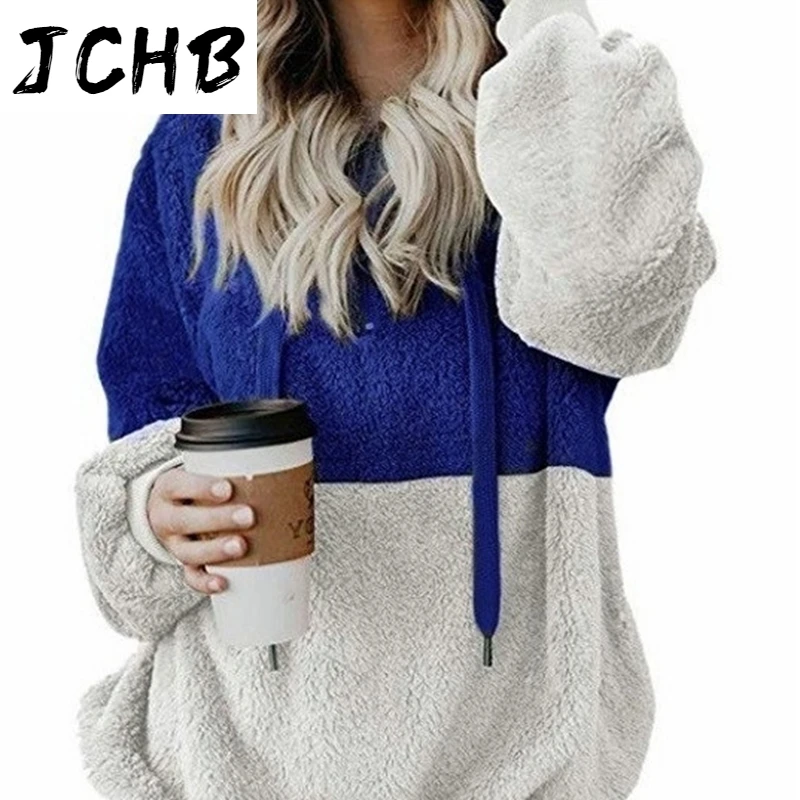 

Loose Casual Plush Leopard Patchwork Hoodies Women Zipper Tops Long Sleeve Drawstring Hooded Warm Sweatshirt With Pockets Autumn