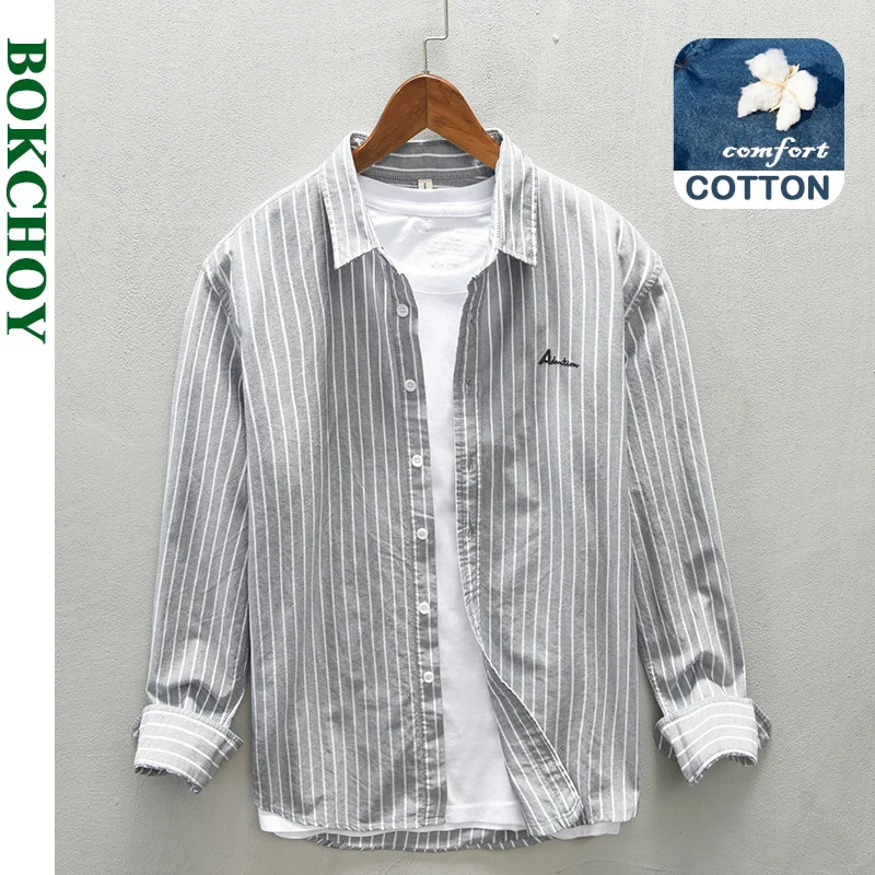 

2021 Autumn Winter New Men Pure Color Pure Cotton Oxford Spun Cotton Casual Striped Shirt Button Green Gray Workwear JN012L