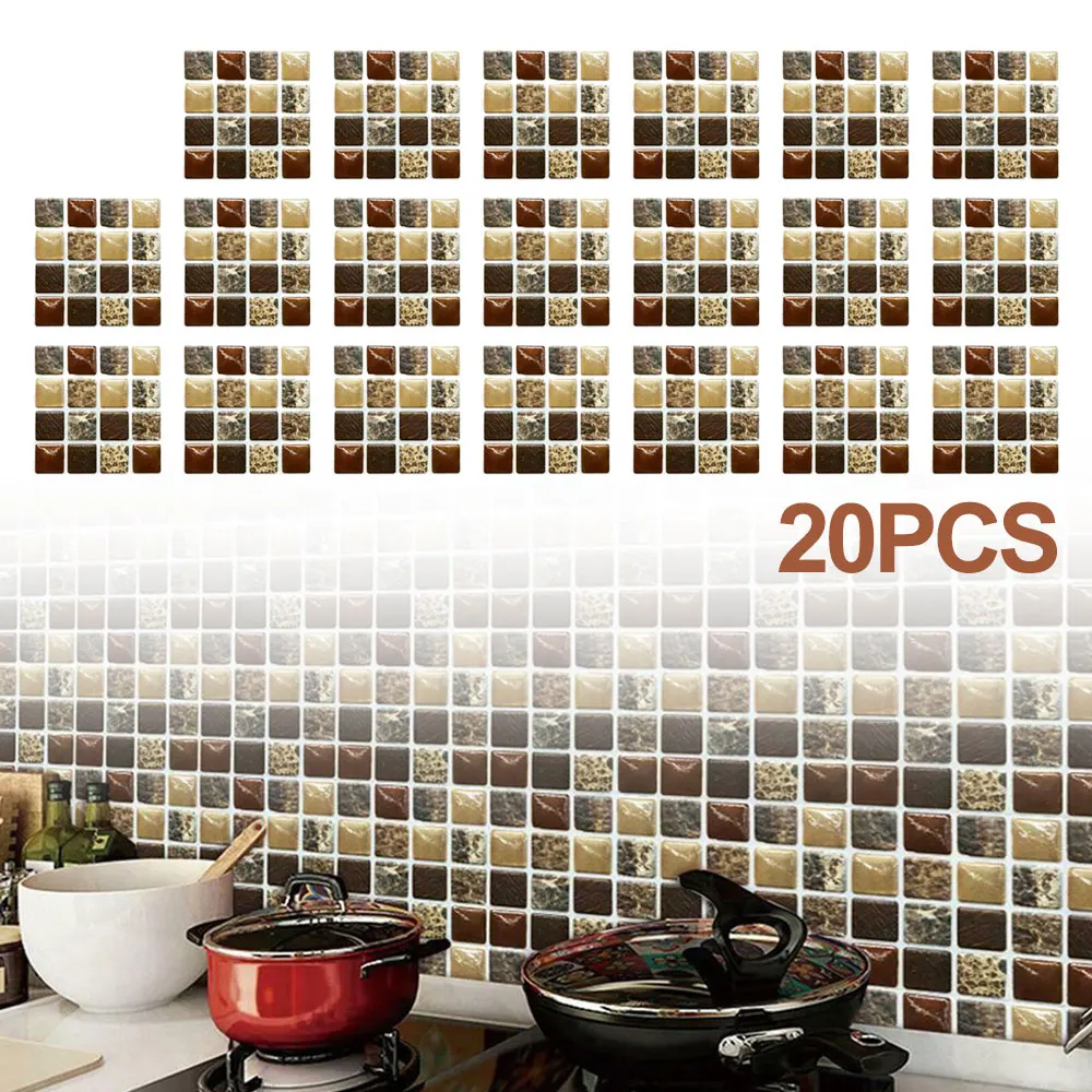 

20pcs 10*10CM Mosaic Self-adhesive Bathroom Kitchen Decor Home Wall 3D Tile DIY Sticker Simulation Tiles Wall Stickers
