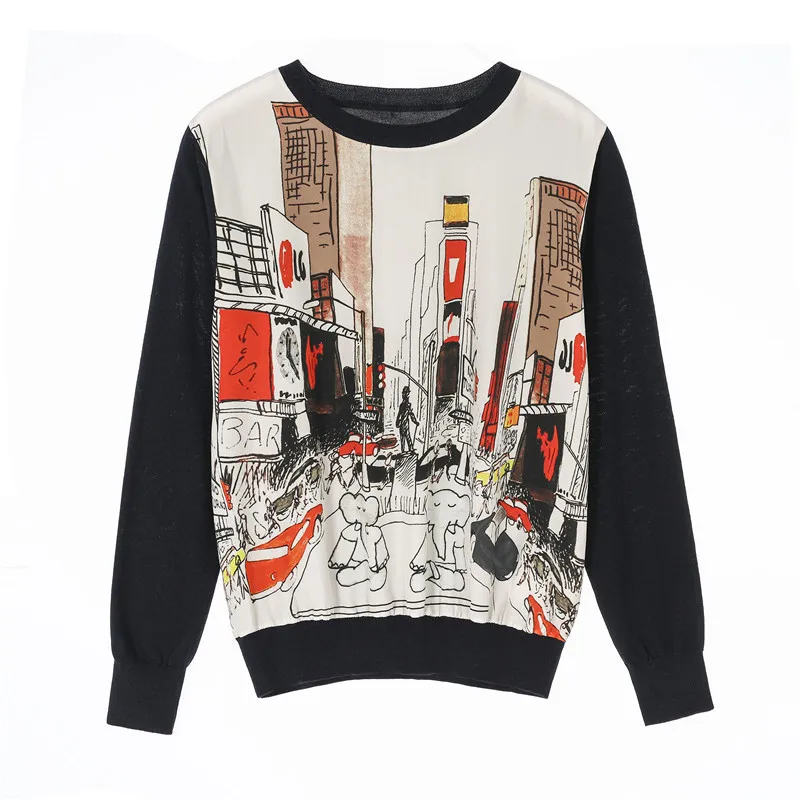 

New autumn women s clothing round collar cartoon city printed silk knitting F9015 long sleeved jacket