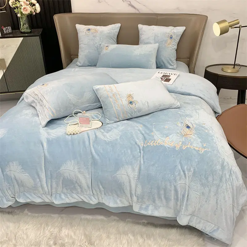 

Milk Fiber Bedding Set Chic Embroidered Duvet Cover Luxury 4Pcs Queen King Size With Pillowcases Home Textiles Gift