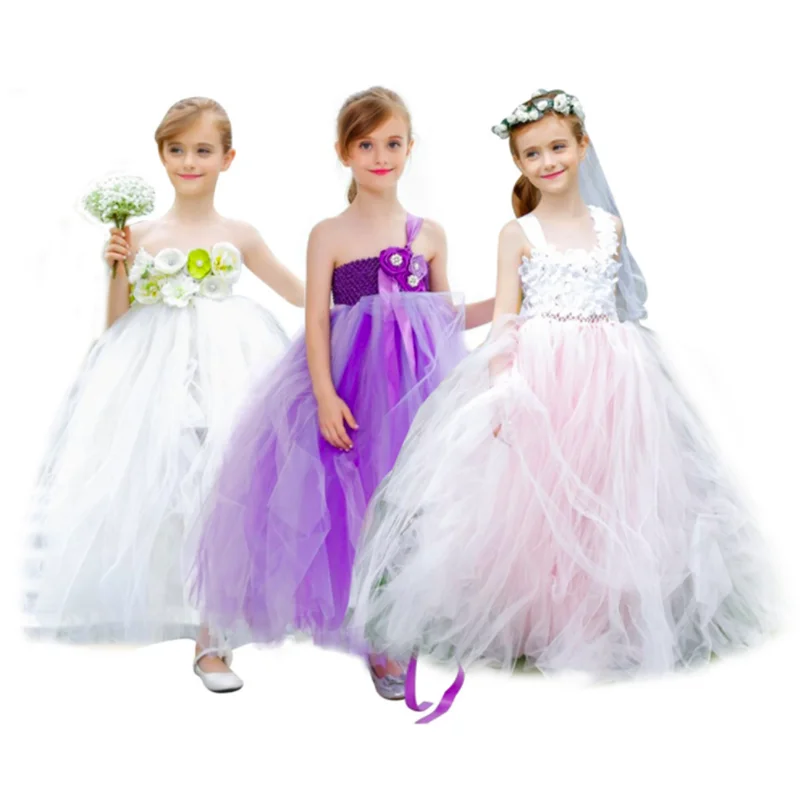 

Girls Wedding Party Tutu Dress Costumes Performance Show Long Style For Kids Children Clothes Pageant Communion Gown