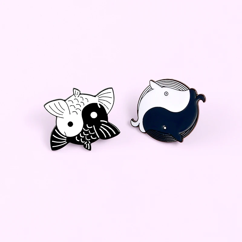 Yin Yang Fish Pins Black White Two Goldfish Whales Round Brooches Badges Animal Jewelry Ocean Lucky Lapel | Украшения и