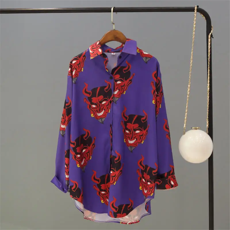 purple shirt Neploe, Японские Женские блузки, с принтом дьявола, с длинным рукавом, розовая блузка, Harajuku, блузки для женщин, топы, женские длинные рубашки 36960 - Цвет: purple shirt