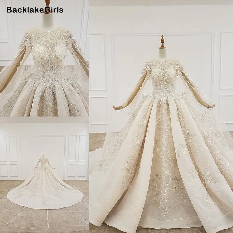 Роскошное Свадебное платье из бисера с накидкой круглым вырезом аппликацией и