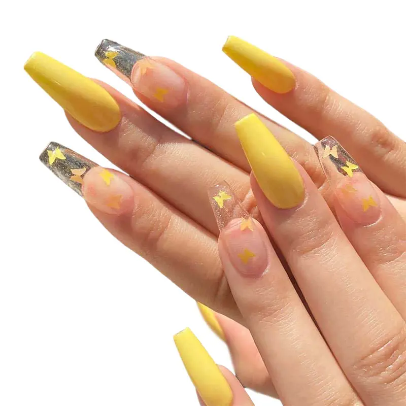 

24Pcs/Box Long French False Nail Ballerina Fake Nails Yellow Butterfly Pattern Square Nail Decal False Nails Press On Nail Tips
