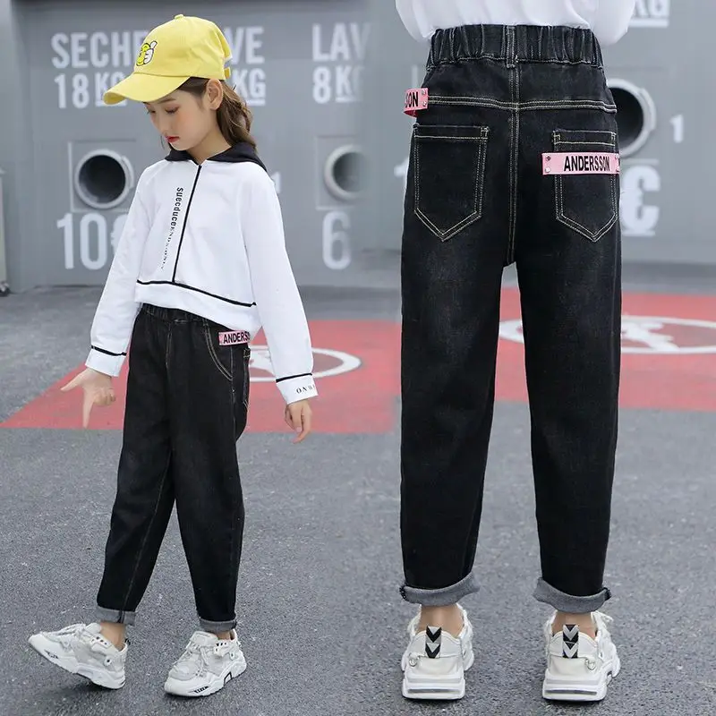 

EACHIN/джинсы для девочек; Новое поступление; Детские модные повседневные свободные брюки с эластичной резинкой на талии; Детские черные джинсы для подростков