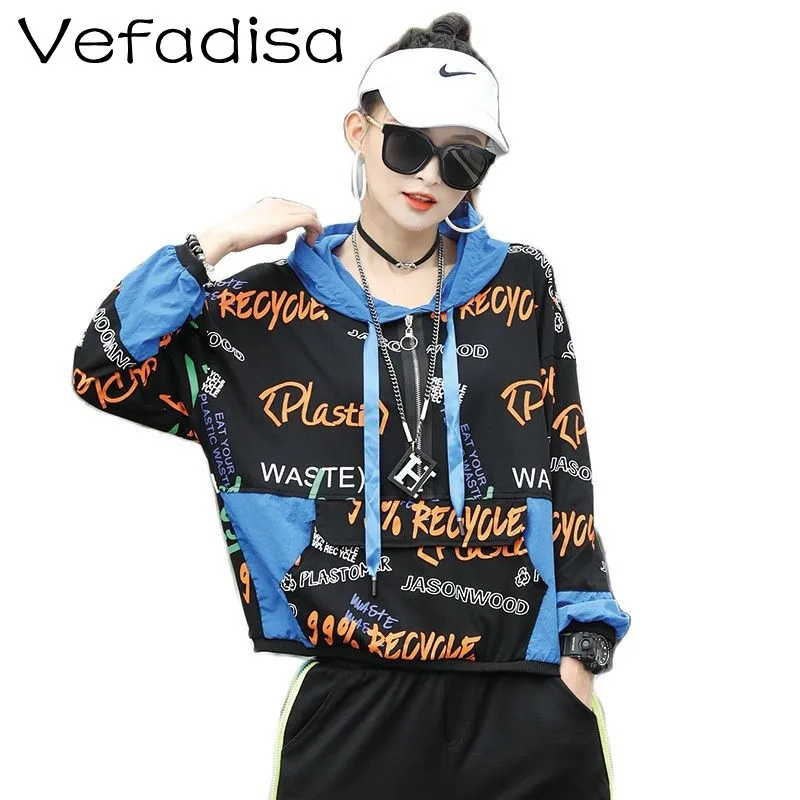 

Vefadisa 2022 Spring New Women Clothing Contrast Panel Pullover Hooded Sweatshirt Loose Letter Print Sweatshirt TT145