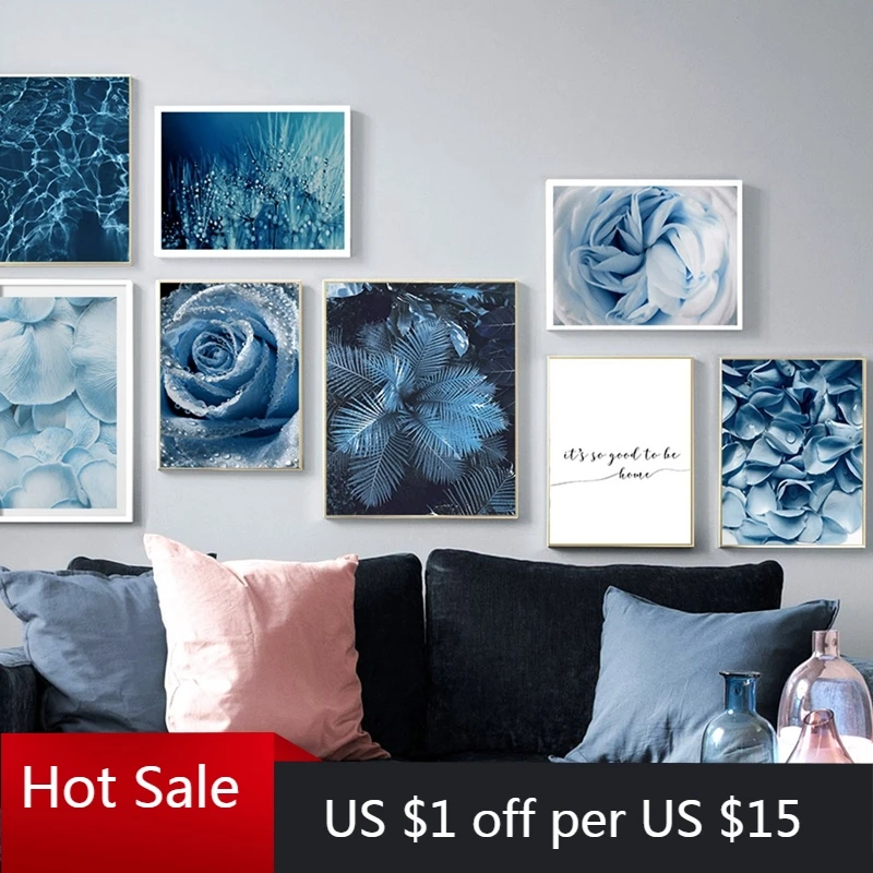 Картина на холсте в скандинавском стиле голубой Одуванчик листья розы морская