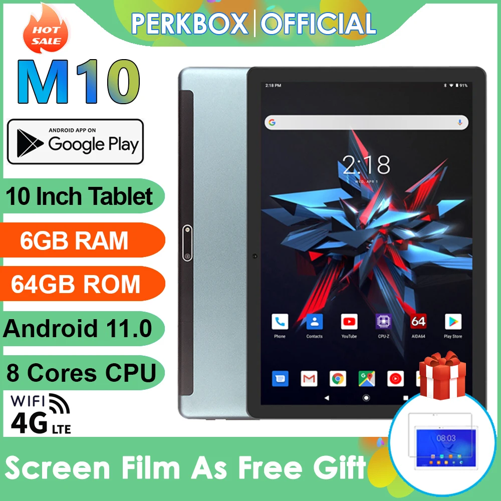 Perkbox M10 Tablet 10 Pulgadas Android 11.0 OS, 4G LTE Dual SIM, 6GB RAM 64GB ROM, Octa Core, Batería 6000mAh, WiFi, GPS Tableta