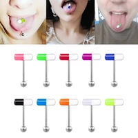 10pcs acrylic tongue piercing rings capsule pill stud barbell tongue ring bar surgical steel unisex punk women body jewelry 14g