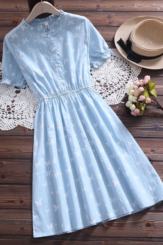 

2021 Summer New Mori Girl Wood Ears Literary Small Fresh Printed Waist Thin Girl Dress