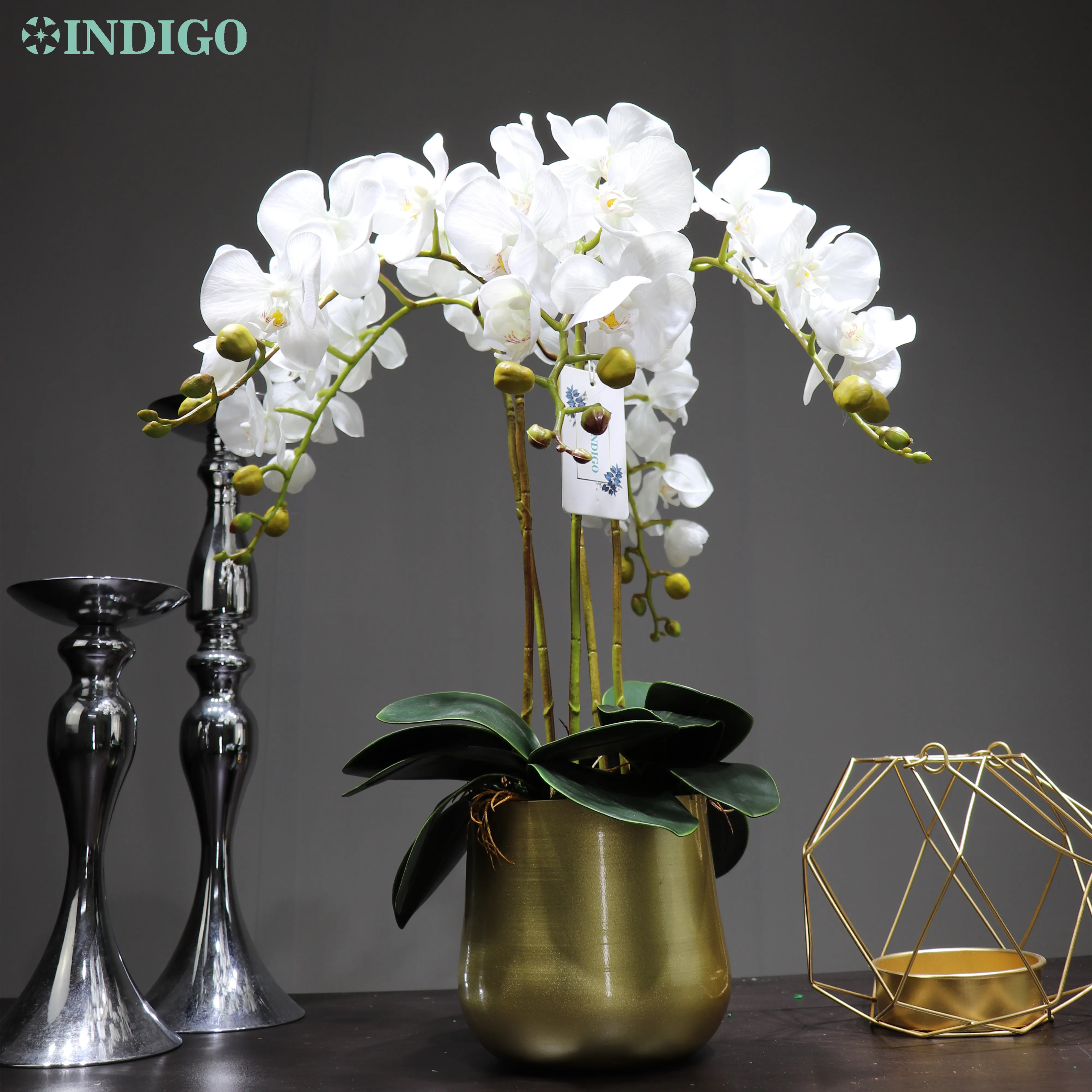 

Цветочная композиция (5 шт. Орхидея + 3 шт. листья), реальный на ощупь букет, Свадебный поддельный цветок, украшение для стола, без вазы