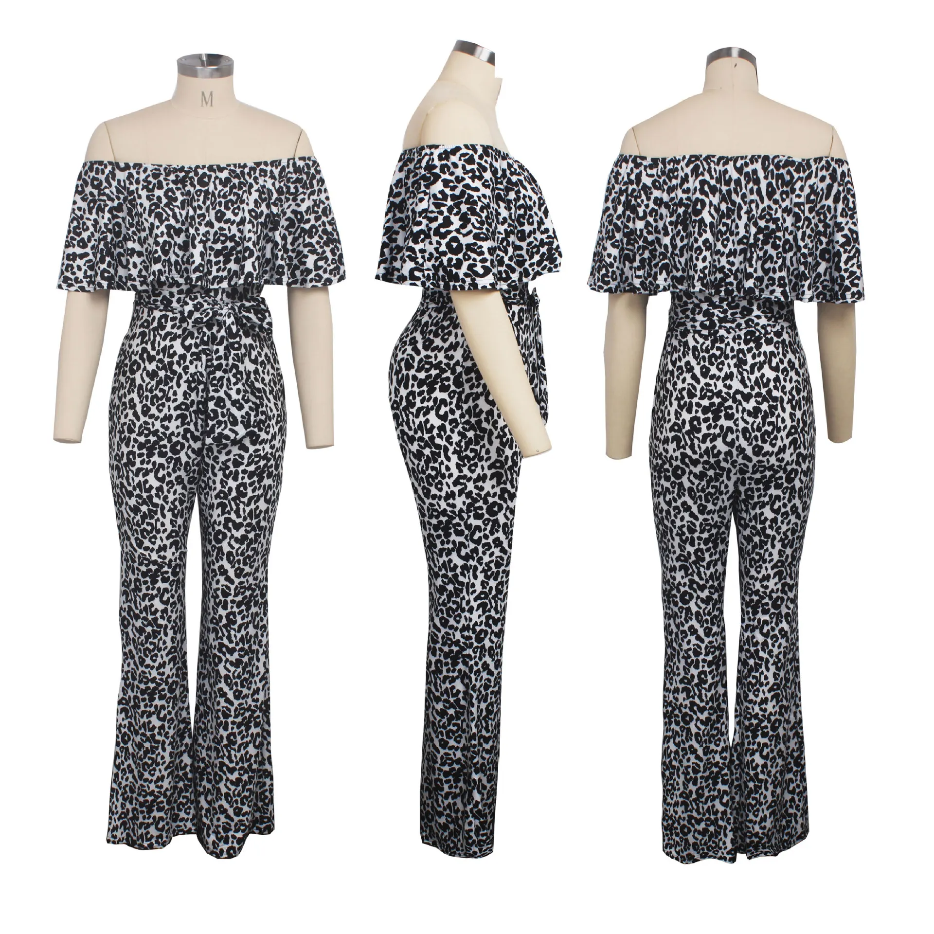 

2019 autumn women leopard print off shoulder butterfly sleeve straight jumpsuit fashion club party sexy romper playsuit