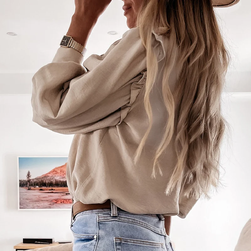 

Women Elegant V Neck Ruffle Blouse Shirts 2021 Spring Single Breasted Button Tops Lady Casual Long Sleeve Loose Streetwear Blusa