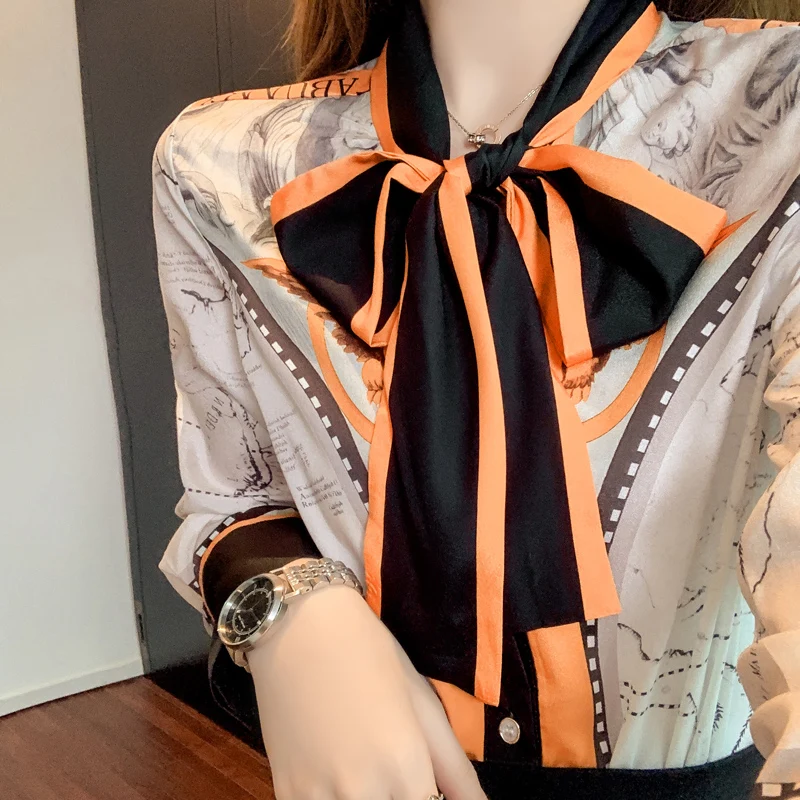 

Spring Autumn Ladies Vintage Fashion Elegant Lace-Up Bow Shirt Runway Women Single-Breasted Long Sleeve Slim Printed Blouse Tops