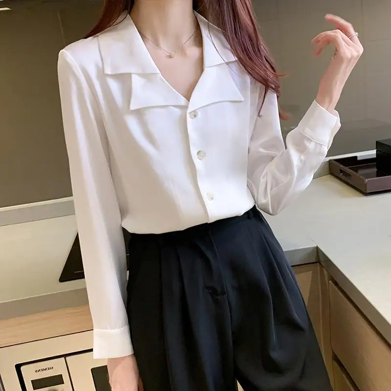 Shirts Women French Suit Collar 2020 Autumn New Loose Long-sleeved Chiffon Shirt Single Breasted Pure Color Female Blouses Tops