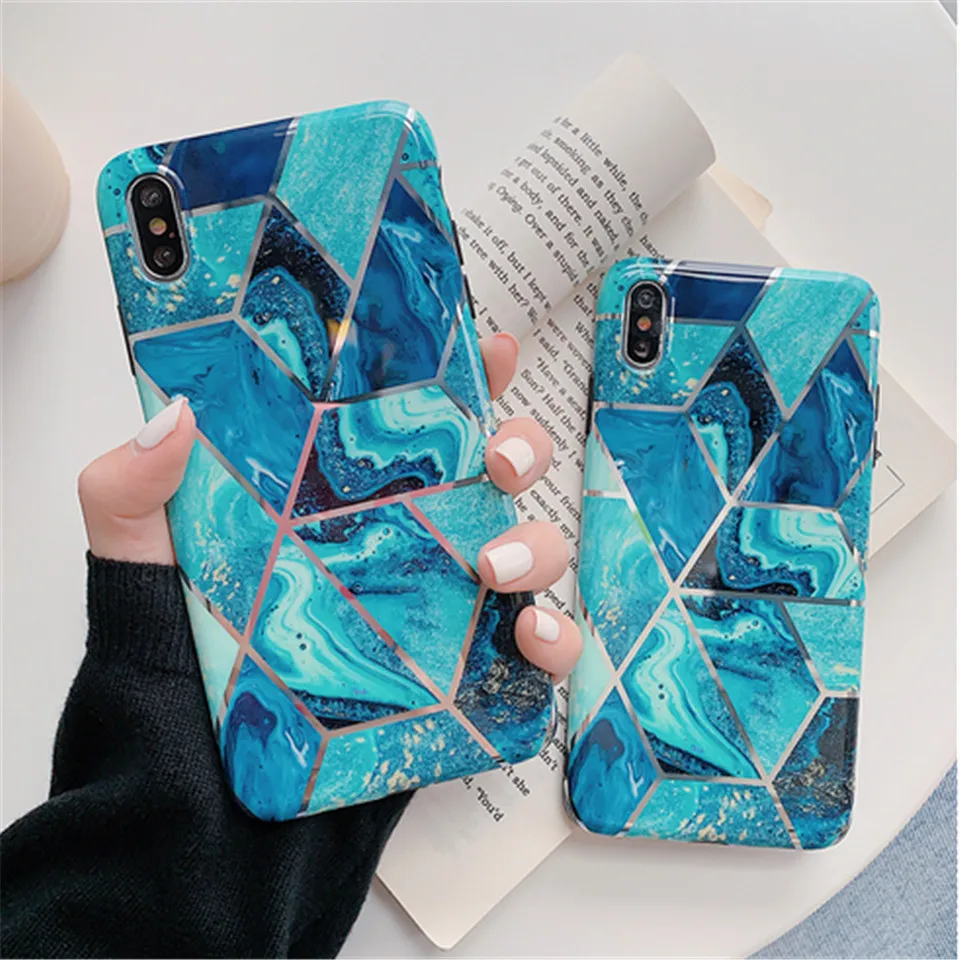 Marble Geometric Textured Phone Cases for iPhone XR XS Max 6 6S 7 8 Plus X Soft IMD Electroplated Back Cover Coque Gift |