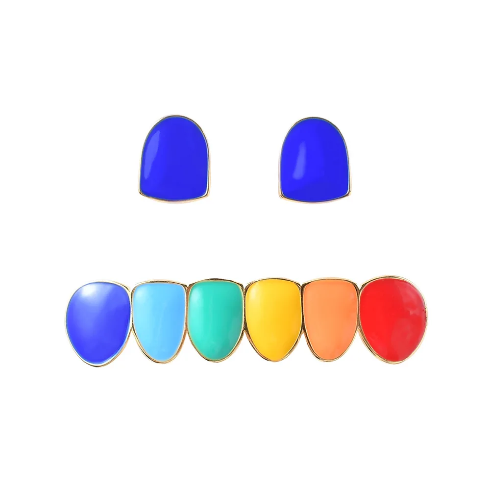 

Copper Milticolour Colorful Teeth Grillz Set Top Bottom Tooth Grills Dental Mouth Punk Hip-hop Cool Men US Rapper Tooth Jewelry