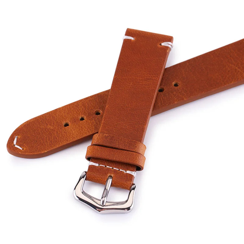 

Handmade Retro Genuine Leather Watch Band Strap 18mm 20mm 22mm Man Women Wrist Watchbands Belt Silver Buckle