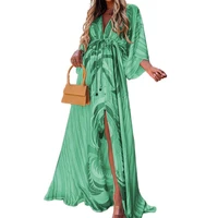 fashion beach dress button dress elastic waist irregular slit women dress floor length dress maxi dress