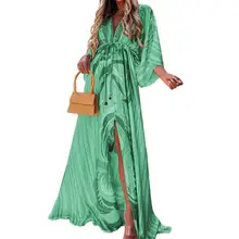 Fashion Beach Dress Button Dress Elastic Waist Irregular Slit Women Dress  Floor-length Dress    Maxi Dress (1)