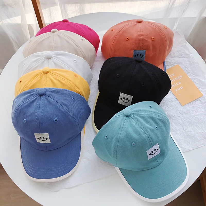 

Демисезонные детские шапки для улицы, бейсболка для мальчиков и девочек с узором смайлика, новинка 2021, купольная шапка