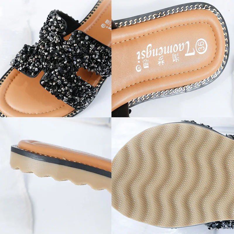 Блесток Стразы Верхняя Удобная обувь тапочки на открытом воздухе с открытым