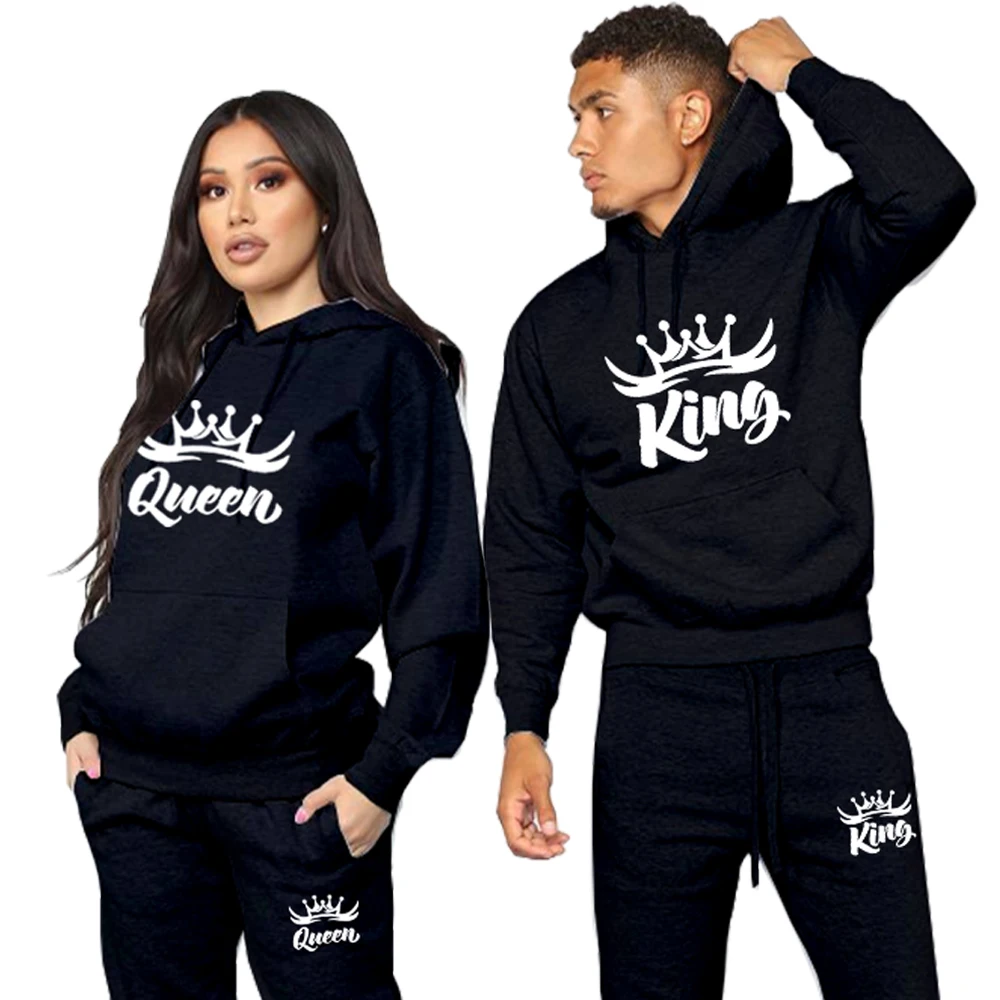 

New Fashion Couple Hoodies Sportwear Set KING or QUEEN Printed Lover Tracksuit Hoodie and Pants 2 Piece Hoodi Suits