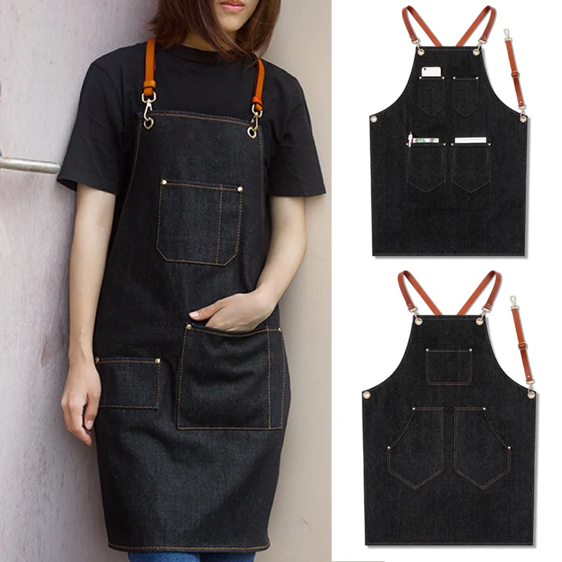 

Denim Apron Strap Bib Apron Barista Bartender BBQ Chef Uniform Workwear INTE99