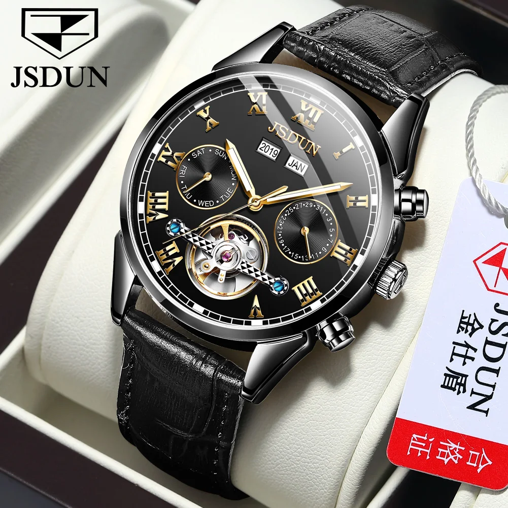 

Jinshidun top brand men's watch Tourbillon automatic mechanical watch multi function belt gold luxury sea-gull watch masculino