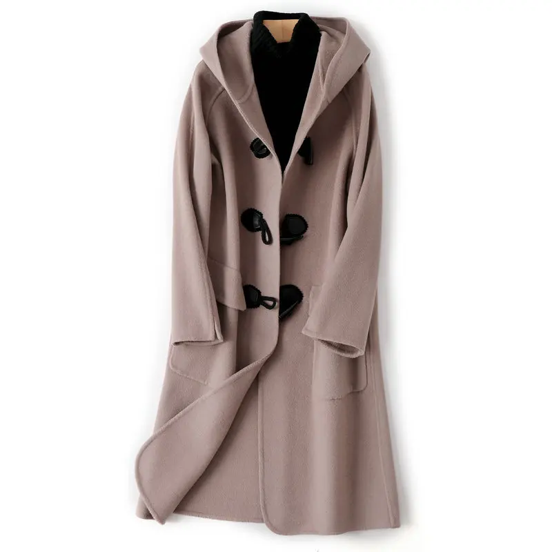 

BornSra Gray Coffee Double-Sided Cashmere Coat Women's 2020 Winter Loose Mid-Length Woolen Coat Hooded Horn Buckle